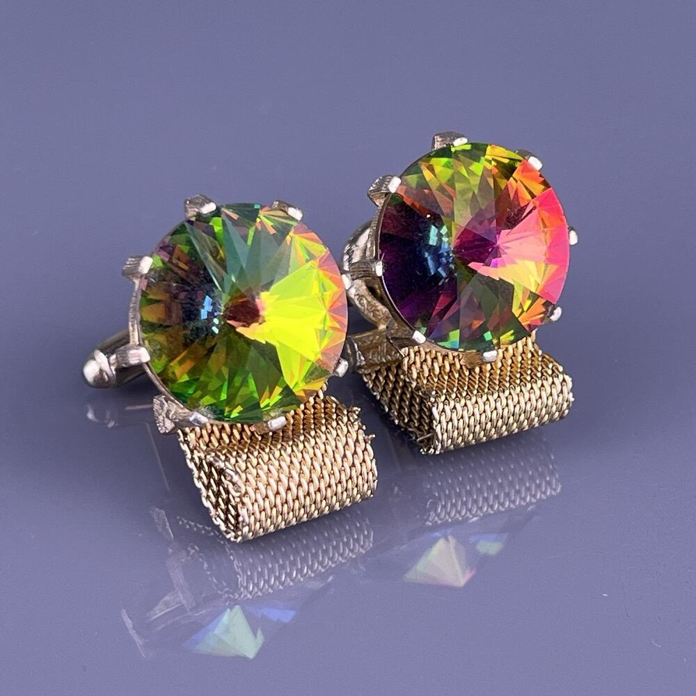 Watermelon Rivoli Rhinestone Cufflinks Wrap Around Gold Tone Pink Green Vintage